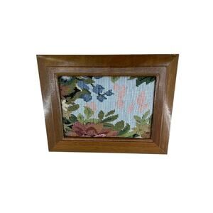 Vintage London Leather Wooden Jewelry Box with Needlepoint Floral Top